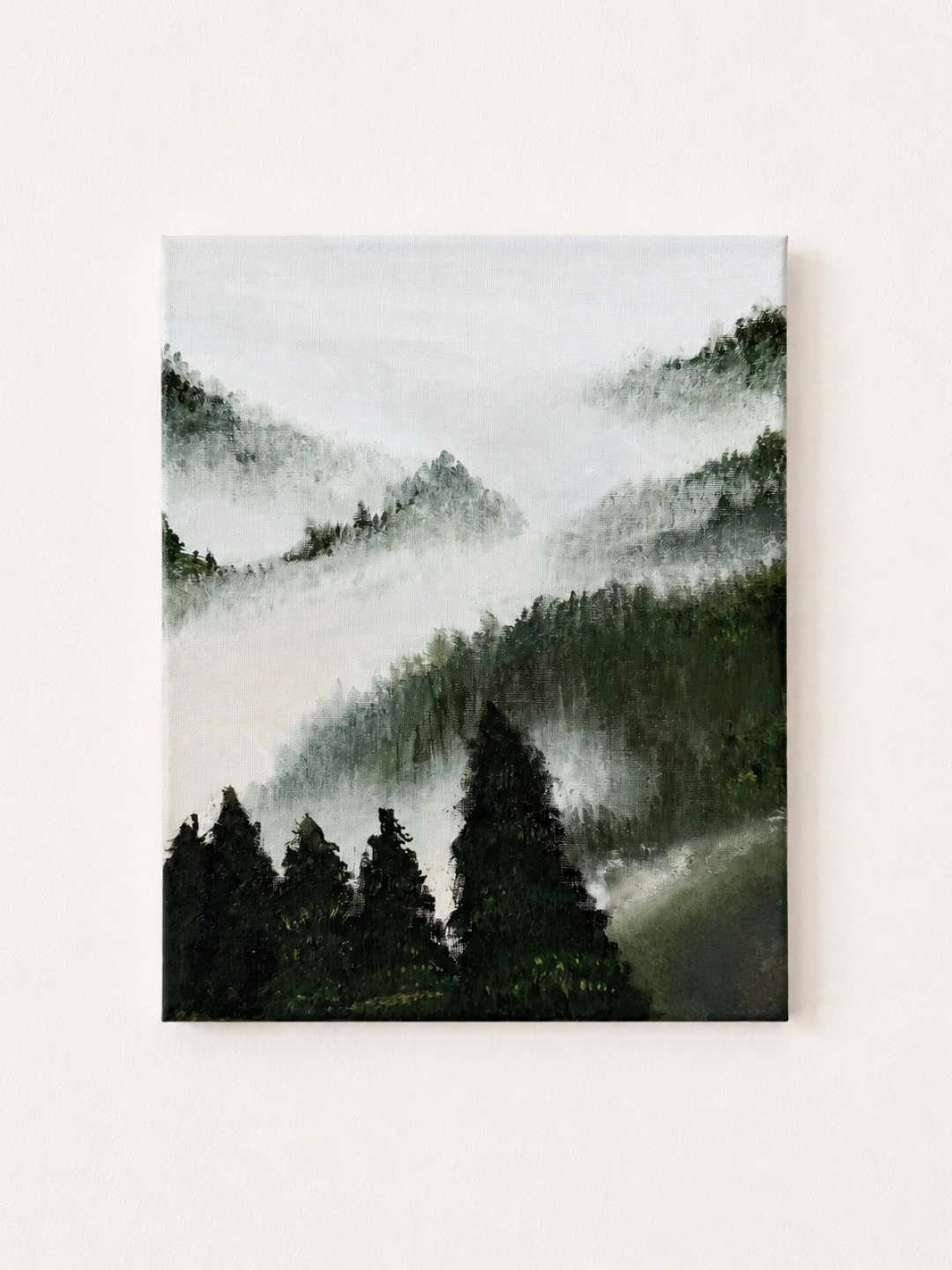 What the Fog Keeps — a mist-covered forest painted in acrylic