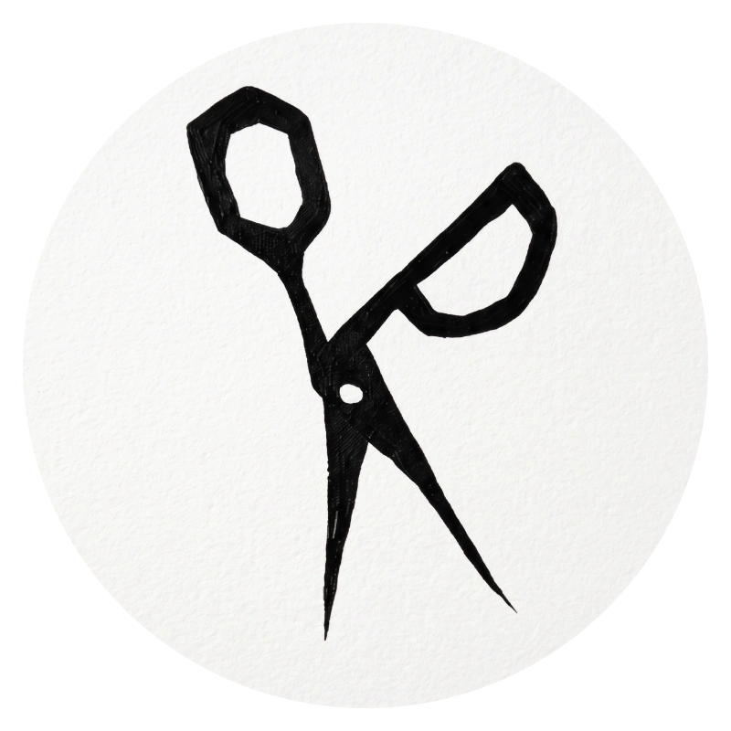 Before the Cut — black scissors painted on a white circular canvas