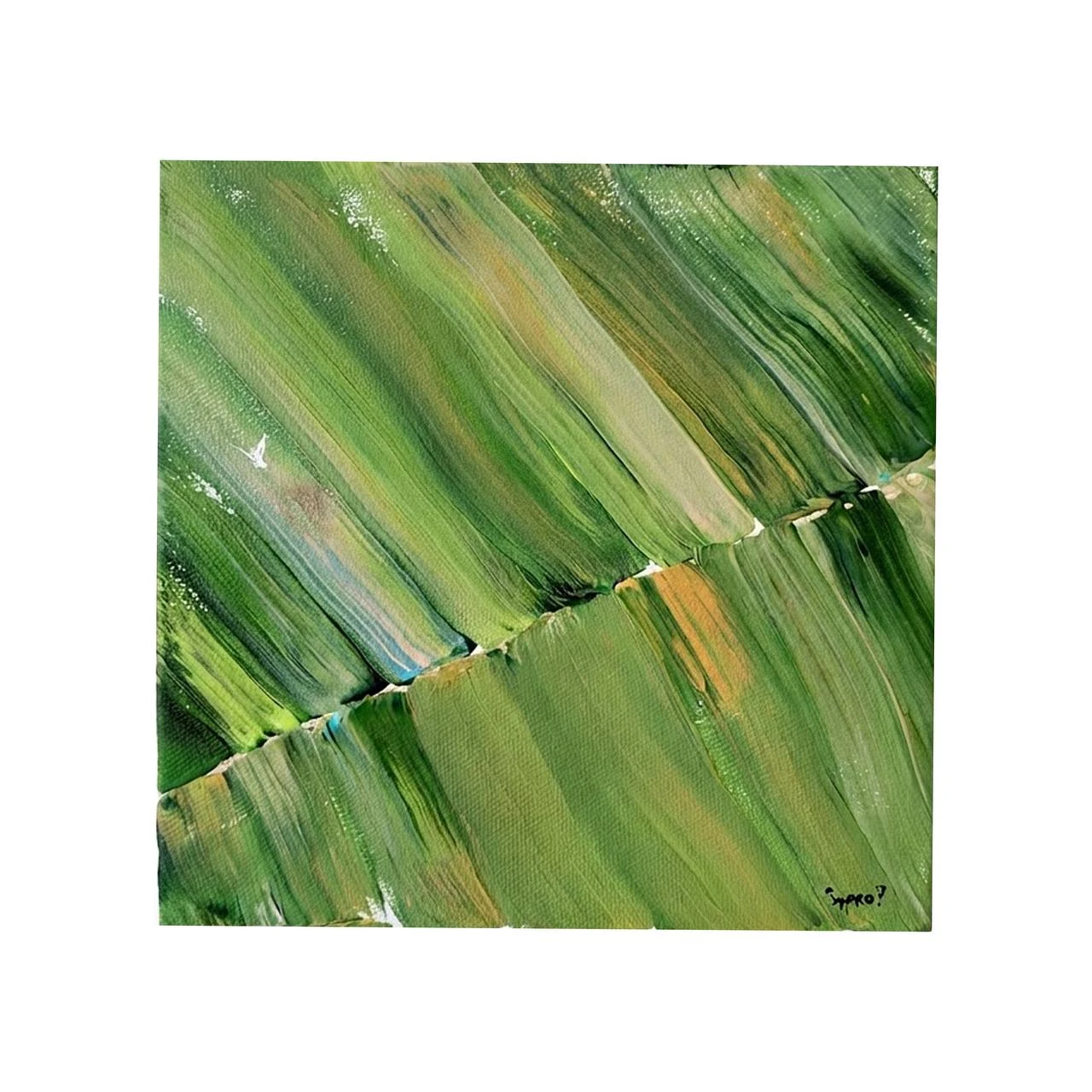 Free Fields No. 1 — diagonal green and gold brushstrokes crossed by a broken seam