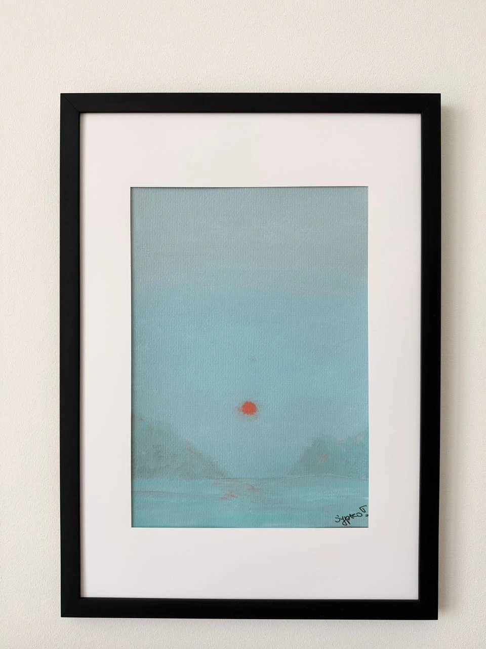 Time No. 1 — a red sun in a blue landscape, framed artwork by Vasilisa Kariagdyeva
