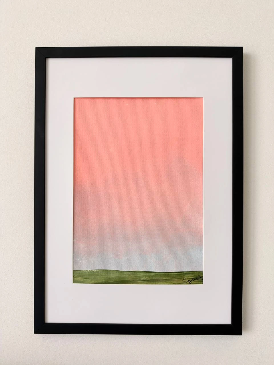 Time No. 2 — a coral sky above a green horizon, framed artwork by Vasilisa Kariagdyeva